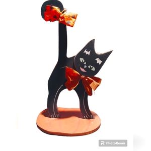 Vintage Painted Wood Cat Halloween Decoration